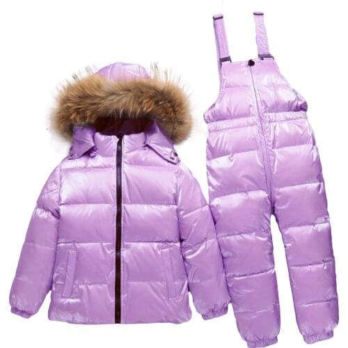 Winter Childrens Suit Down Jacket Two-piece 90% White Down Suit Nature Fur Hat Thick Warm Down Suit 2-6 Age Waterproof Clothes