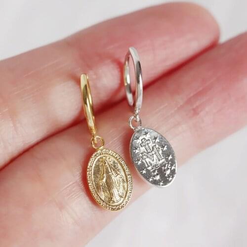 1pair 100% Authentic 925 Sterling silver Golds Virgin Mary /goddess /Holy Mother Oval hoop Huggie earrings FINE jEWELRY TLE609