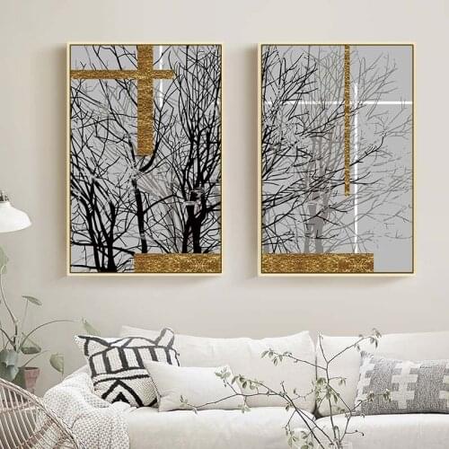 Abstract Tree Branch Poster Golden Wide Brim Wall Art Nordic Canvas Painting Modern Print Pictures for Living Room Home Decor