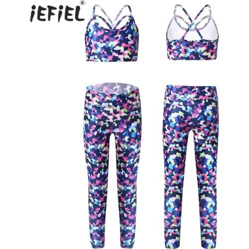 Kids Girls Sport Wear Sets Digital Print Crop Top Sports Bra with Leggings Pants Sleeveless Workout Gym Dance Yoga Outfit 6-14Y