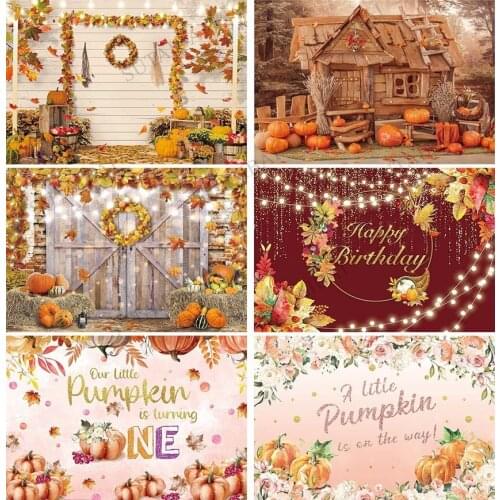 Autumn Thanksgiving Photography Backdrop Fall Pumpkins Maple Leaves Background Rustic Barn Farm Harvest Baby Kids Party Banner