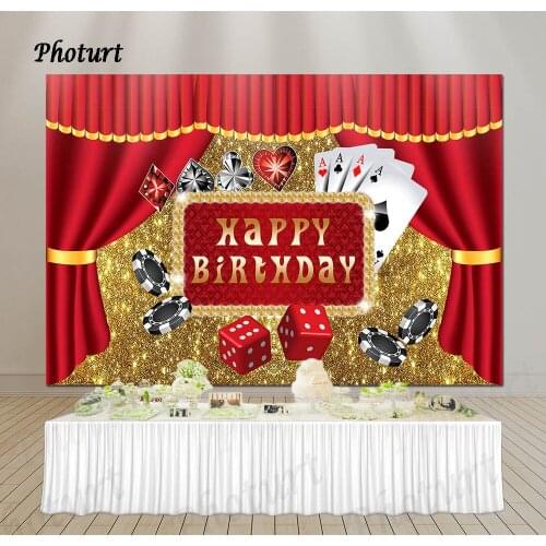 PHOTURT Royal Casino Backdrop Birthday Party Background Red Curtain Golden Poker Chip Vinyl Photography Banner Decoration Props