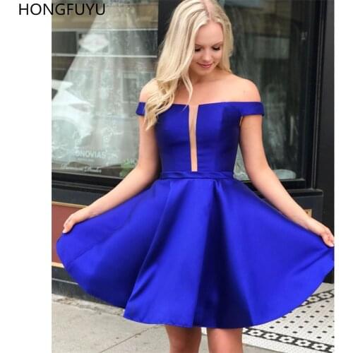 HONGFUYU 2021 Royal Blue Homecoming Dresses Short Satin Illusion Neckline Prom Party Dresses Off Shoulder A-line Cocktail Dress