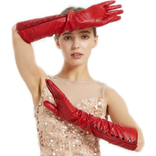 Kimobaa women fashion elbow long open buttons style long real leather gloves