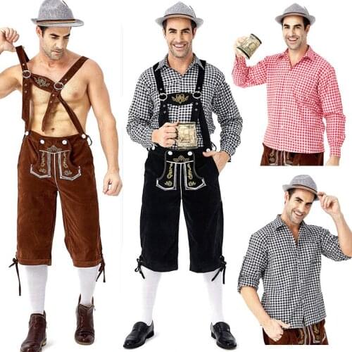 Mans Oktoberfest Costume Traditional Bavarian Parade Party Set Red Black Plaid Shirt Embroidered Straps Pants Halloween Suit