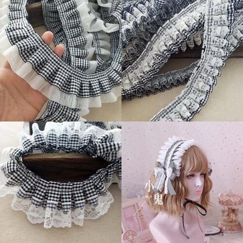 4-6cm 2m/lot Lace + Grid Ribbon Black and white Basic Pleated Lace Trim Apron/Pet Clothes/Home Decoration Material X691