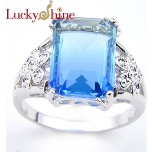 Luckyshine Fashion Vintage Crystal Zircon Silver Plated Rings Jewelry Simple Blue Bi colored Tourmaline Women Rings 7.8.9