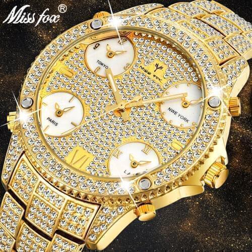 MISSFOX 51MM Oversized Big Dial Luxury Watch Men Diamond Accented Case With 5 Quartz Movt Analog Male Gold Business Wrist Watch