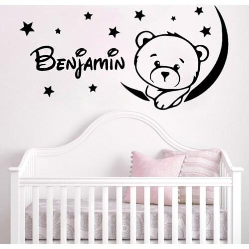 Kids Room Wall Stickers Teddy Bear Moon Stars Vinyl Decals Babys Bedroom Decoration Personalized Decor Custom Names Art Mural