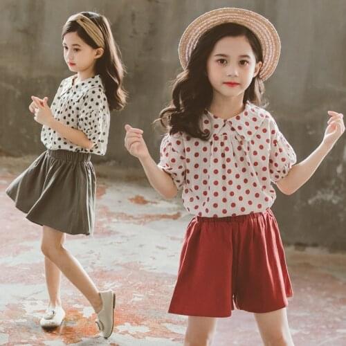 New girls in summer, big boys' fashion, polka dot short sleeve suit, Korean girls' short skirts and pants