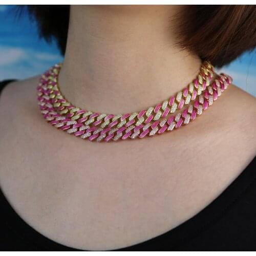 2021 New Arrived Gorgeous Pink Pinky Enamel Girl Women Hip Hop Jewelry Rose Gold Cubic Zirconia Cuban Choker Necklace