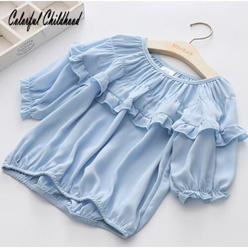 2-10 Years Old Baby Girl Shirt Solid Round Neck Ruffle Girls Top Middle Sleeve Blouse Sweet Princess clothes