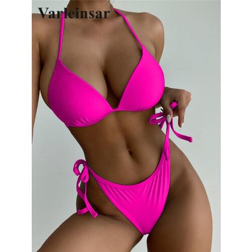 Sexy Halter Push Up Bikini Women Swimwear Female Swimsuit Two-pieces Bikini set High Cut Strappy Bather Bathing Suit Swim V3143