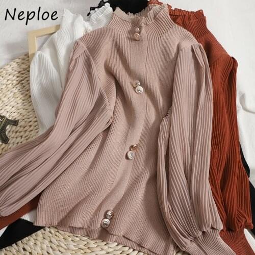 Neploe Lantern Sleeve Fungus Half High Neck Sweater Female 2021 Autumn New Button Pullover Knitted All-match Solid Tops Femme