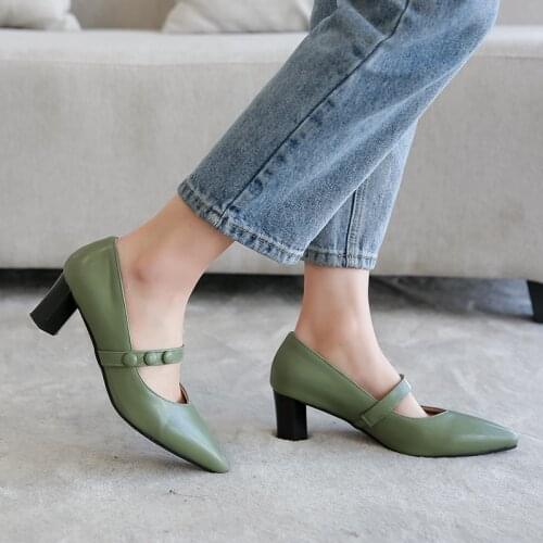 2021New Pumps Women High heels Lady Ankle strap Thick heel Autumn Pointed Single Shoes Female Office work shoes zapatos de mujer