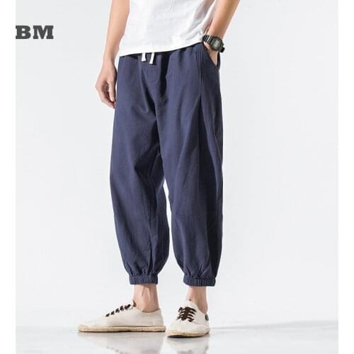 Chinese Style Cotton Linen Cropped Trousers Summer Casual Harem Pants 2021 Japanese Streetwear Harajuku Joggers Men Clothing