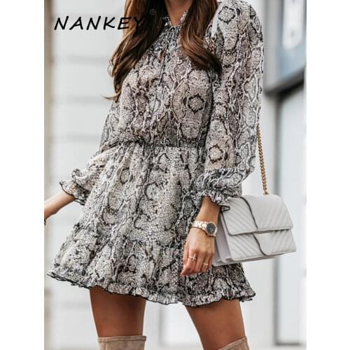 NANKEY Snake Skin Print Dress Women Animal Print Pleated Mini Dress Vintage Fashion Ruffles Dresses Vestidos Mujer