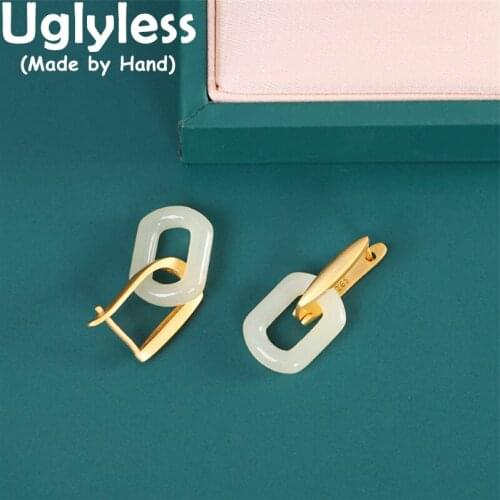 Uglyless Natural Jade Square Earrings for Women Real 925 Silver Ear Hoops Gold Geometric Brincos Simple Fashion Hollow Jewelry