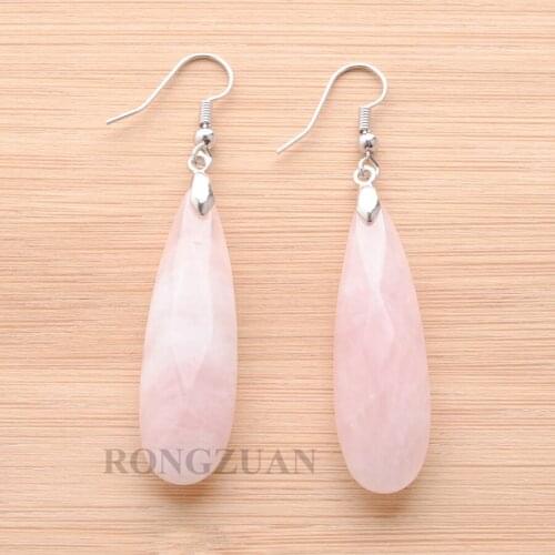 RONGZUAN Natural Rose Quartzs Stone Earrings Polygon Beads Geometry Dangle Hook Drop Long Earrings Women Jewelry 1 Pair TR3203