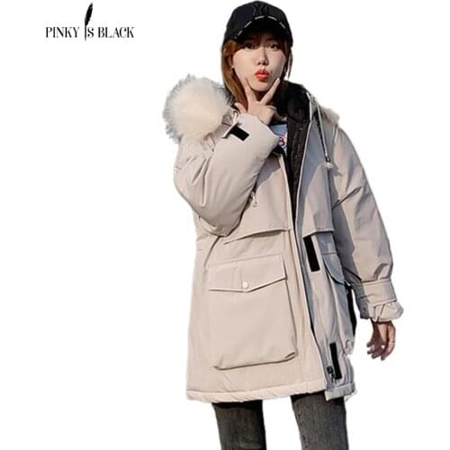 PinkyIsBlack Winter Jackets Womens Long Parkas Female Solid Oversized Hooded With Fur Collar Thick Casual Women Winter Coat