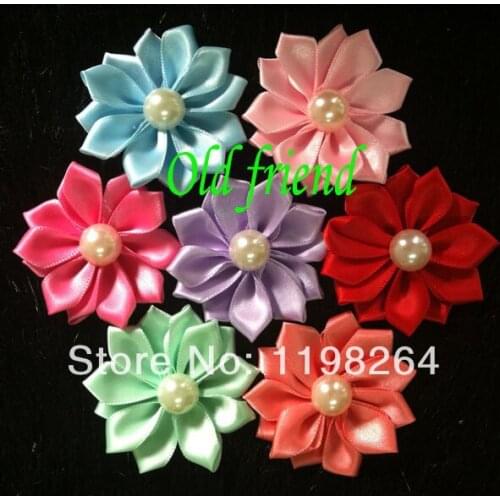 2'' satin ribbon multilayer flower with pearl , DIY flower for kids headband&hair clips, 60 pcs/lot free shipping