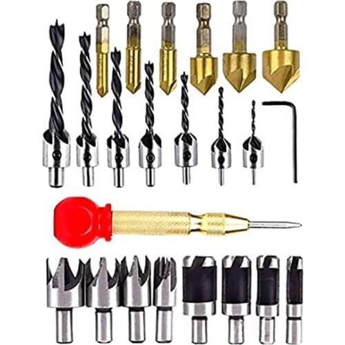 23Pcs/Set Woodworking Chamfer Drilling Tools Drill Bits Set Wood Plug Cutter Three Pointed Countersink Drill Bits with L-wrench