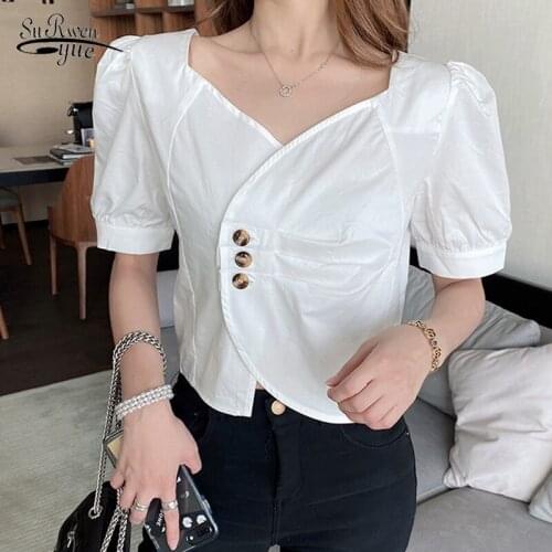 2020 Summer New Square Collar Short Sleeve Korean Style Chiffon Shirt White Blouse Summer Tops and Blouse Chemisier Femme 10030