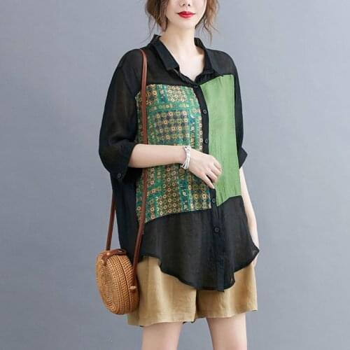 Plus Size Shirt Women Summer Loose Casual Tops New 2020 Korean Style Vintage Print Patchwork Cotton Woman Blouses Shirts P1031