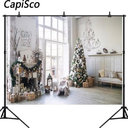 Capisco Christmas Tree Photography Backdrop White Brick Fireplace Gift Toy Windows Background Photocall Photo Studio Props