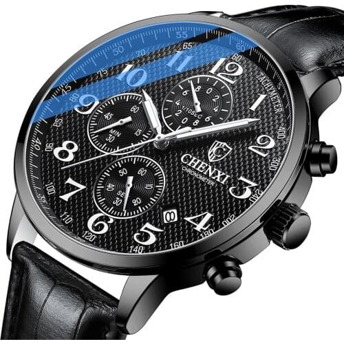 Fashion Dress Watches Men Black Genuine Leather Multi Function Chronograph Sport Casual Brand Male Quartz Wristwatch Auto Date