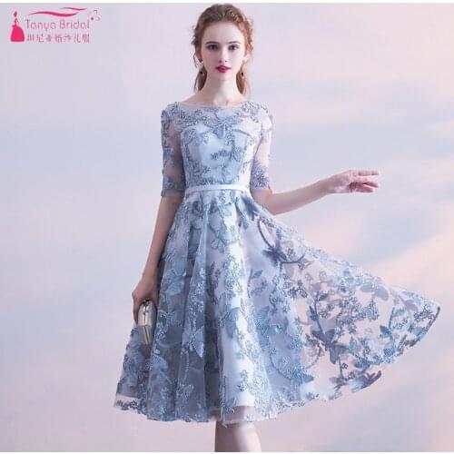 Scoop Neck Lace Bridesmaid Dresses Knee Length Grey Blue Formal Wedding Party Dress Gown For Women Wedding Guest Dress JQ287