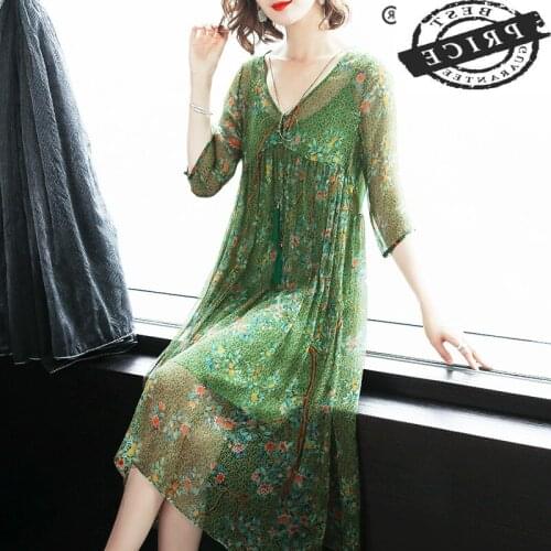 Summer Dress 100% Real Silk Dress Women Clothes 2021 Boho Floral Midi Dresses + Shirt Elegant Ladies V Neck Vestidos aa32
