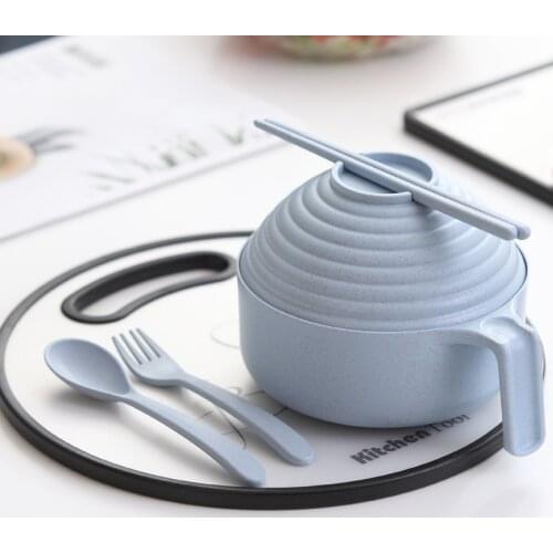 Eco-Friendly Wheat Straw Instant Noodles Bowl With Lid Handle Dinnerware Set Soup Salad Rice Bowl Microwaveable Japanese Bowls