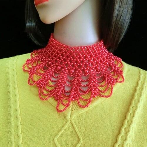 Handmade Weaving Pearl Collar Hollow Out Pearl Statement Necklace Chokers Women Pink Red Pearls Pendant Wedding Layers Necklace
