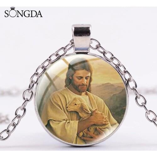 SONGDA Trendy Jesus God Father Sheep Glass Cabochon Necklace Pendant For Christian Christmas Gift 5 Color Chains Jewelry