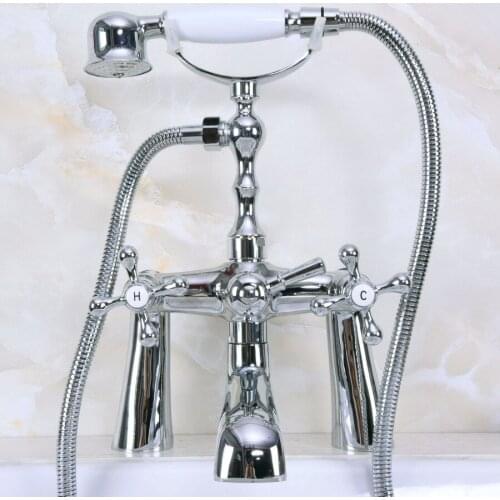 Polished Chrome Bathroom Shower Taps Deck Mounted Clawfoot Bath Tub Faucet Dual Handle Mixer Tap with Handheld Shower Wna125