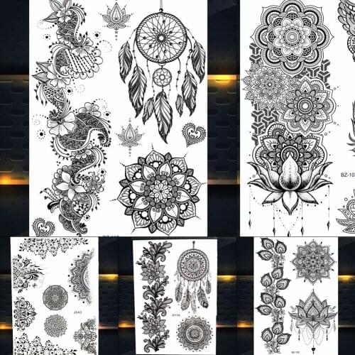 REJASKI Dream Catcher Black Ink Henna Temporary Tattoos Sticker Mehndi Fake Tatoos Mandala Flower Body Art Custom Tattoo Women