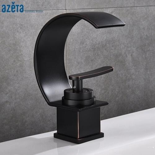 New Design Black Basin Faucet Bathroom Deck Mounted Single Handle Cold and Hot Waterfall Basin Mixer Tap Torneira AT8006B