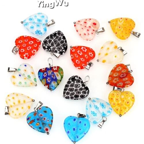 Yingwu 20pcs Wholesale Lovely 20mm Mixed Millefiori Glass Lampwork Heart Charm Pendants Stainless steel Beads Fit Necklace