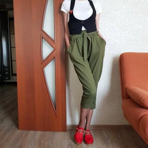 BYGOUBY Summer Autumn Women Trousers Chic Bowtie Lace Up Capris Pant Elastic High Waisted Harem Pants With Pocket Female Bottoms