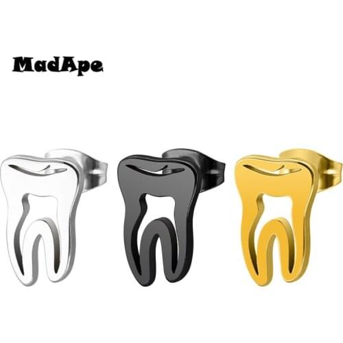 MadApe New Tooth Earrings Gold Silver Color Black Color Doctor Nurse Jewelry Stud Earring Women Medical Graduation Gift Sieraden
