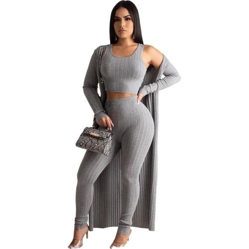 Sexy Knit 3 Piece Set Women Tracksuit Fall Winter Outfits Clothing Long Cardigan+crop Top+Pant Sweat Suits Matching Sets