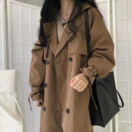Womens Windbreaker Chic Vintage Brown Trench Coat Casual Womens Long Lapel Double Breasted Sashes Loose Ladies Trench Coats
