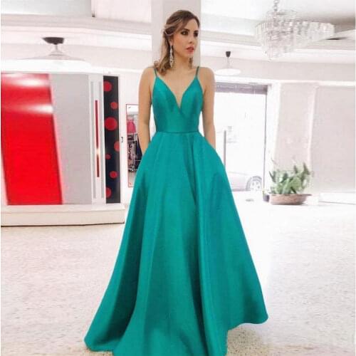 Prom party evening dresses pockets vestido de noiva sereia gown dress robe de soiree sexy V-neck vestido novia playa satin
