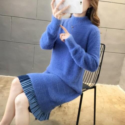 Winter Women Knitted Dress Half-neck Pleated Hem Long Sleeves Hairy Dress Ladies Urban Knee-length Solid Straight Middle Dress
