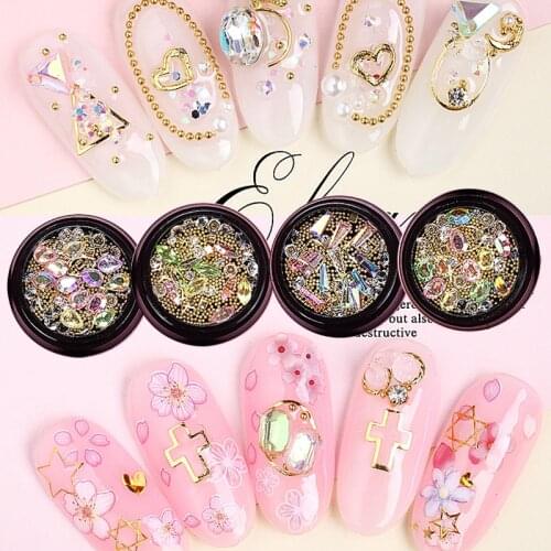 1Box Nail 3D Crystal Mixed(Crystal,Metal Frame,Caviar Beads...) Heart-shape Nail Crystal Stud Stone Nail Tips Accessory Crystals