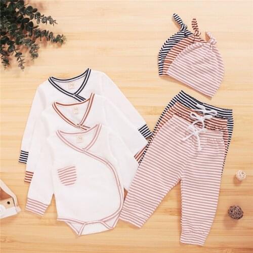 3 Colors Newborn Boy and Girl Stripedclothes Set 3pcs Baby Warm Clothing Long Sleeve Romper Top Long Pants Hat Suits Tracksuit