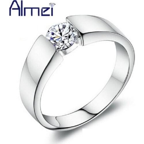 Almei One Piece Mens Wedding Male Ring with Stone Bague Homme Rings for Men Silver Color Jewelry Anel Masculino Casamento J002