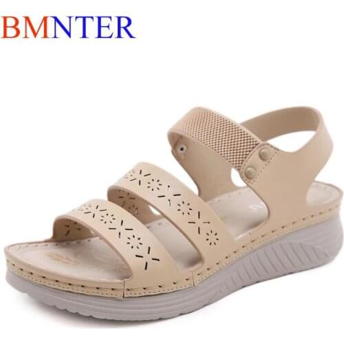 BMNTER LUOGE soft shoes women sandals wedge casual big size 41 42 summer Peep toe woman ladies female sandles slides Comfortable