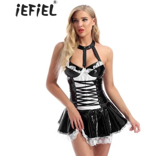 Women Wet Look Leather Maid Dress Halter Neck Hallow Out Flared Mini Dresses Backless Cosplay Party Outfits for Theme Party